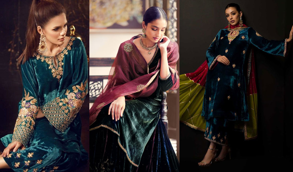Bottle Green or Peacock Blue Velvet Ethnic Suits