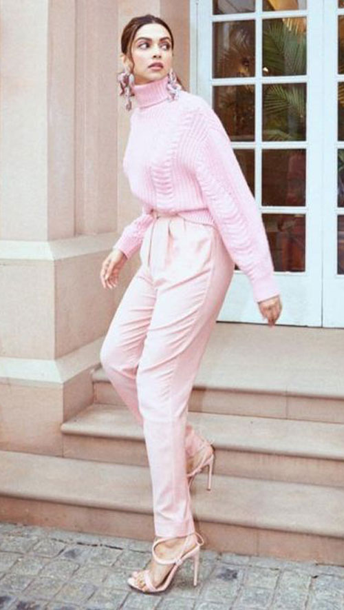 Deepika Padukone Winter wear - Baby pink turtle neck sweater with baby pink pant