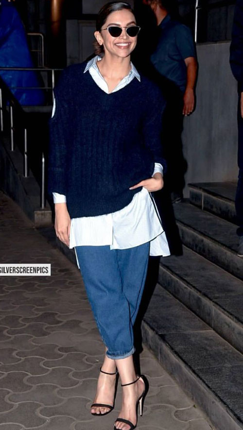 Deepika Padukone Winter wear - Blue jean, white shirt with navy sweater