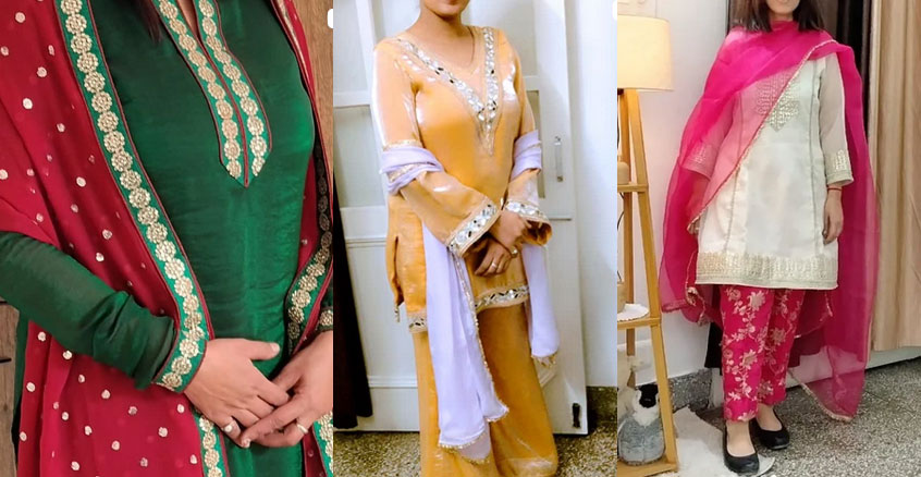 Latest Punjabi suit designs 2026 featuring green festive suit, mustard traditional style and white pink Patiala suit
