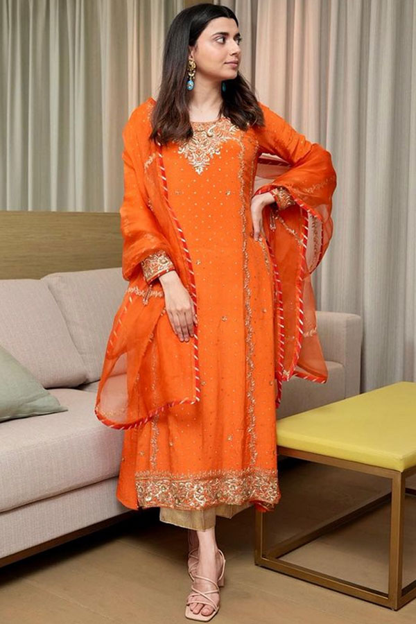 Orange Suit with Golden Plazzo