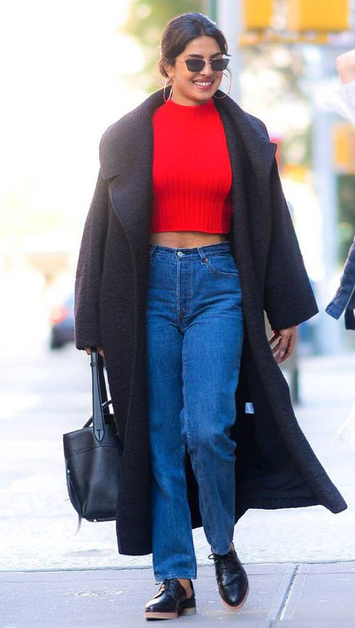 Prinyanka Chopra - Red Top with blue jean and black long coat