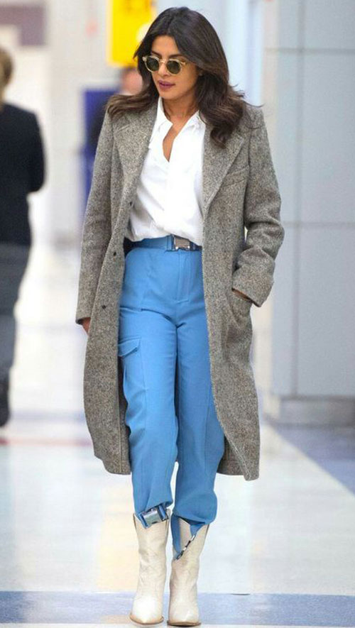 Prinyanka Chopra - White shirt with ice blue jeand and grey overcoat
