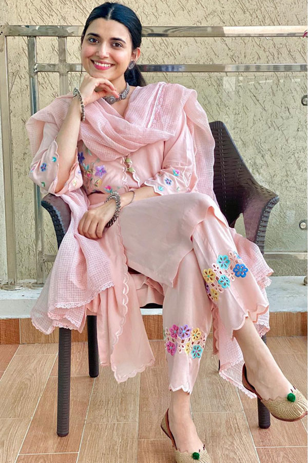 Embroidered Peach Colored Plazzo Suit