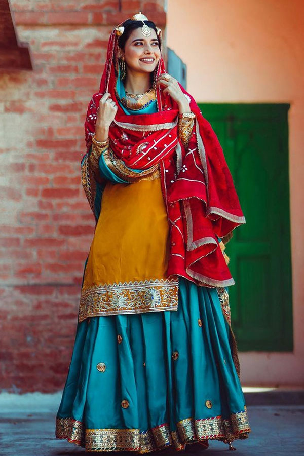 Firozi Traditional Lehenga with Yellow Kurti and Red Phulkari