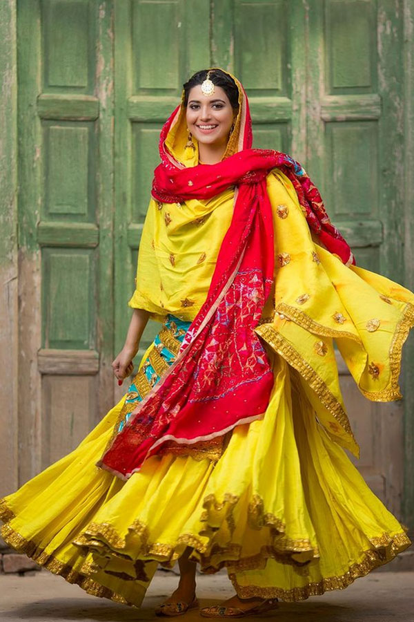 Yellow Traditional Dress with Red Phulkari